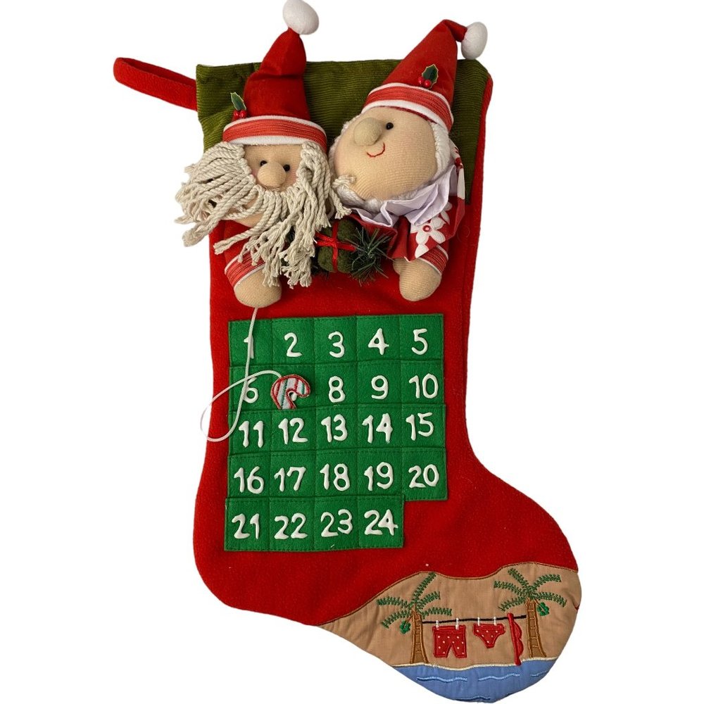 Vintage Mr & Mrs Claus advent calendar stocking embroidered 3D Michael J Gillan